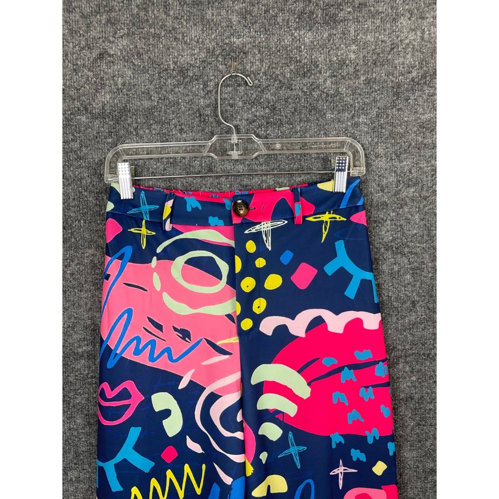 Denim& Love Abstract Graffiti Wide Leg Pants Women's M Navy Pink Retro - Picture 2 of 12
